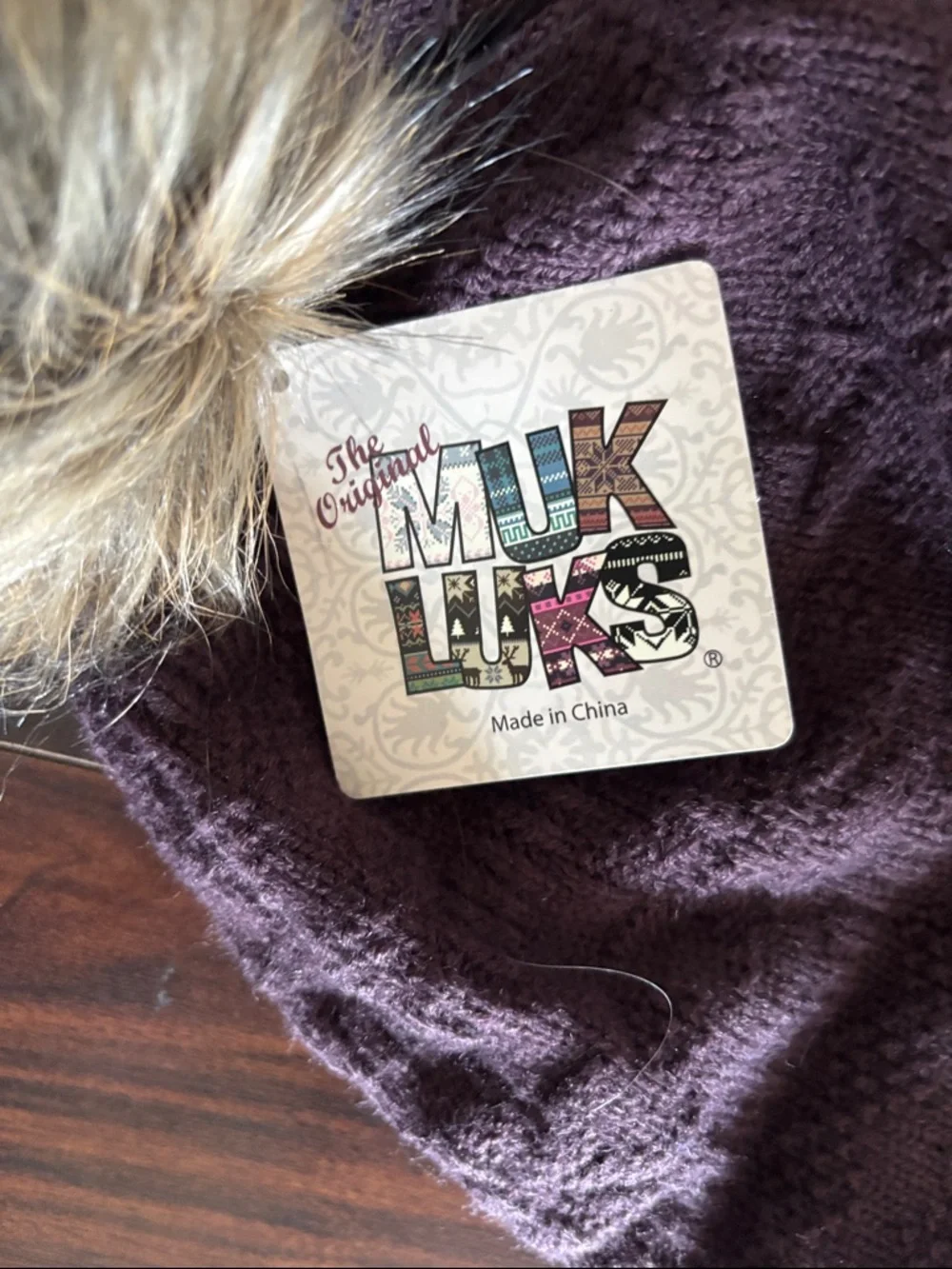 Muk Luks Deep Plum Knit Slouchy Beanie with Faux Fur Pom
